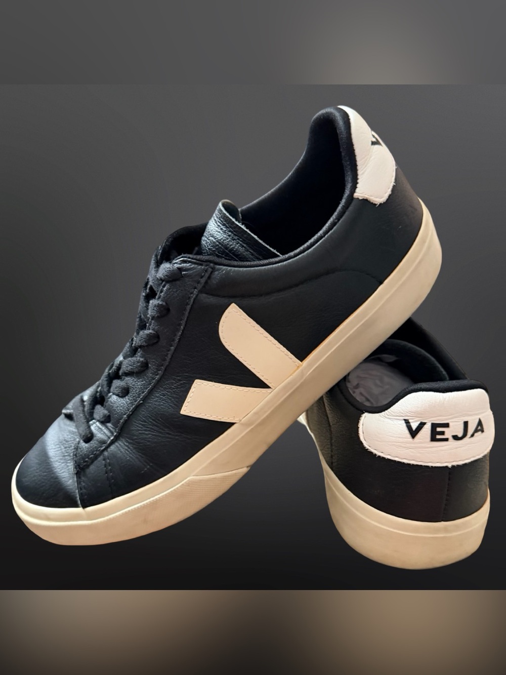 VEJA Campo Black & White Leather Sneakers — Women’s 10